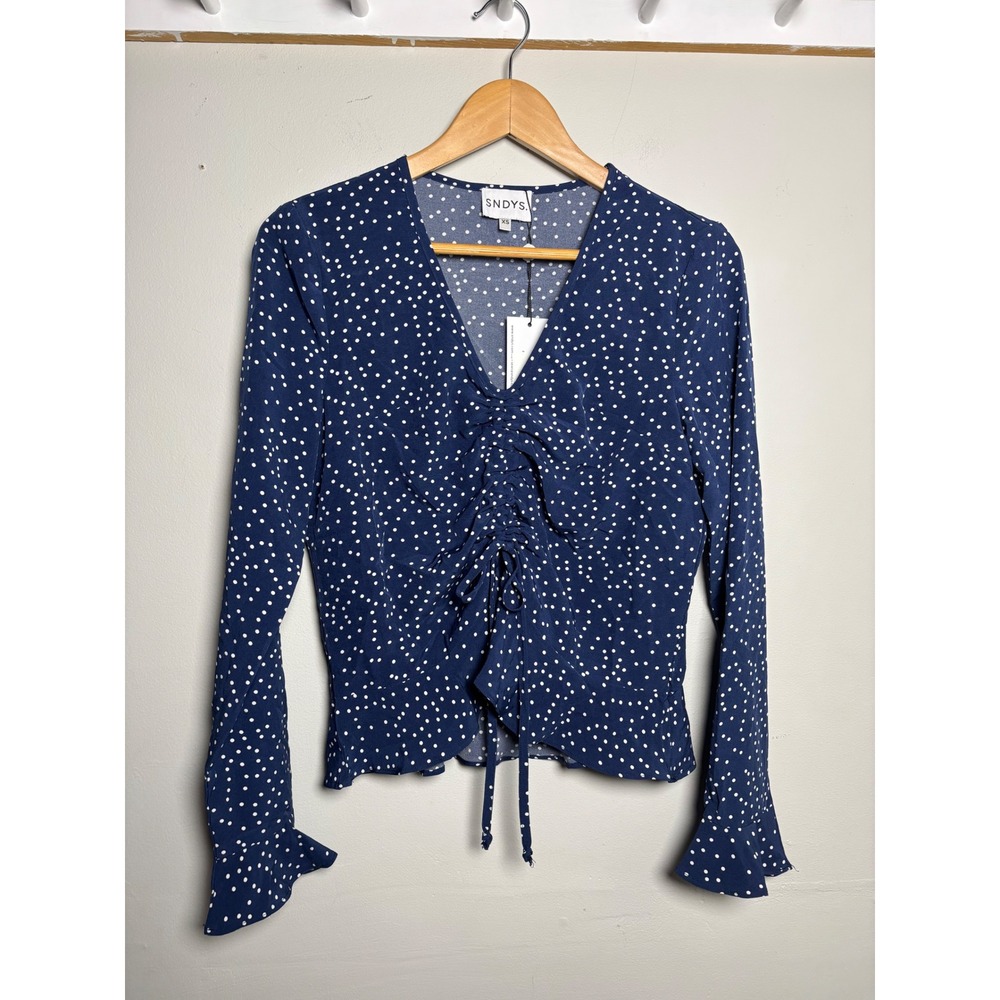 SNDYS Navy Polka Dot Ruched Long Sleeve Top Womens XS NWT Y2K